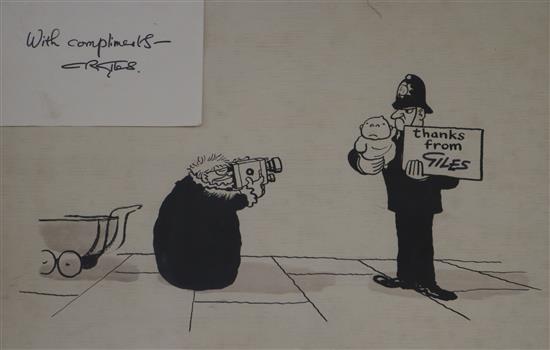 Giles (Daily Express Cartoonist), an original artwork, Grandma photographing a policeman, inscribed Thanks 25 x 37cm